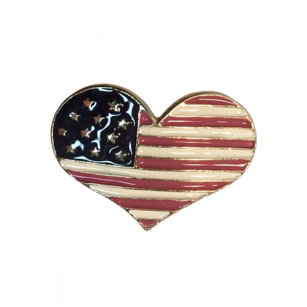 VINTAGE KC signed Gold Tone & Enamel Heart Flag Brooch Pin 1 3/4" KennethβCole